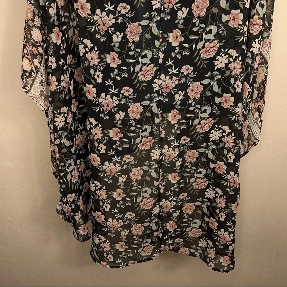 CL WALLFLOWER BLACK PINK KIMONO BLOUSE TOP OPEN FRONT FLOWY